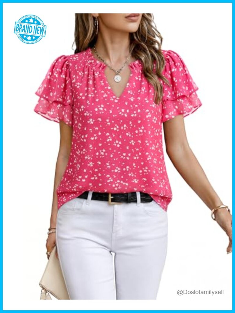 Women's Chiffon Blouse Ruffle Sleeve V-Neck Business Casual Top